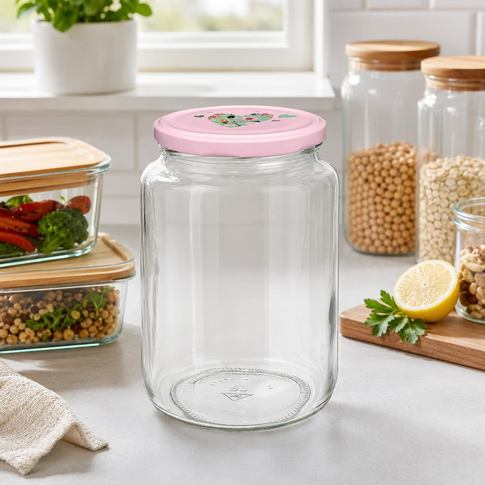 795 ml ronde pot + BasicSeal-deksel roze hart UNiTWIST Vorratsglas 795ml in Küche mit rosa Herzdeckel für Lebensmittelaufbewahrung neben anderen Glasbehältern
