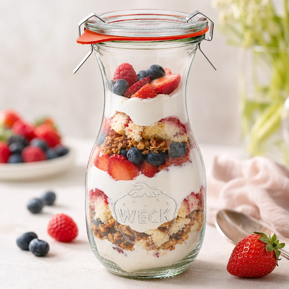 290 ml sapfles, compleet WECK RR60 WECK sapfles 290ml RR60 met gelaagd dessert van yoghurt bessen en granola als creatief idee voor gebruik
