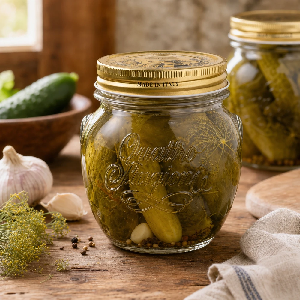 300 ml rond glas "Quattro Stagioni" met deksel 300ml Quattro Stagioni ronde pot met gouden deksel gevuld met ingemaakte augurken op een rustieke houten tafel Gemaakt in Italië