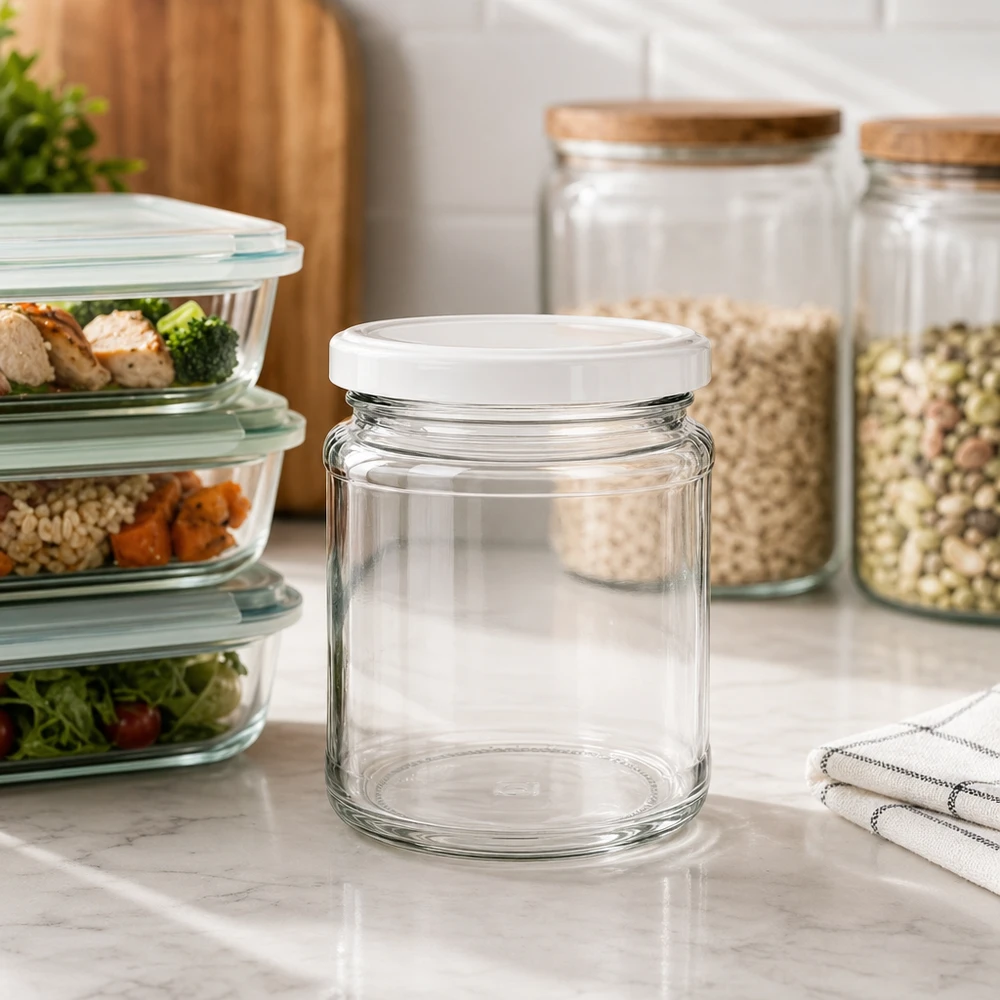 212ml rond glas met BasicSeal deksel wit UNiTWIST Lege ronde pot van 212 ml met BasicSeal deksel in een moderne keuken tussen maaltijddozen en voorraadpotten