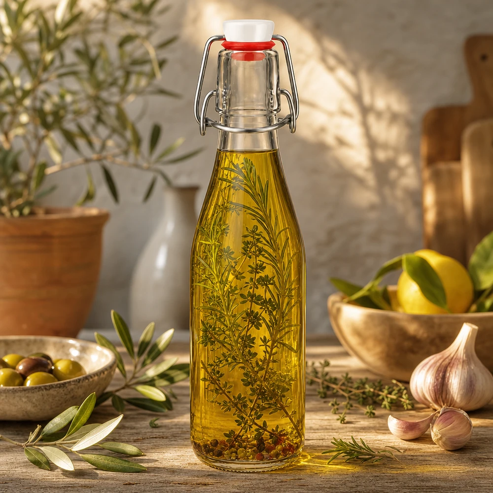 250 ml glazen fles met draaidop gevuld met kruidenolie, mediterrane sfeer met olijven en knoflook