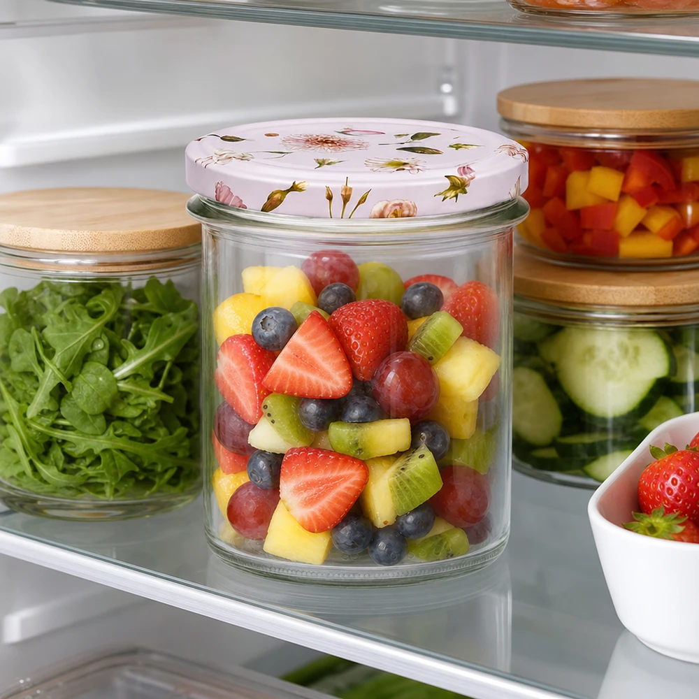 Glazen van 350 ml + BasicSeal-deksel met roze bloem UNiTWIST 350 ml bekers met roze bloemendeksels gevuld met fruitsalade om vers te houden in de koelkast naast salade en groenten