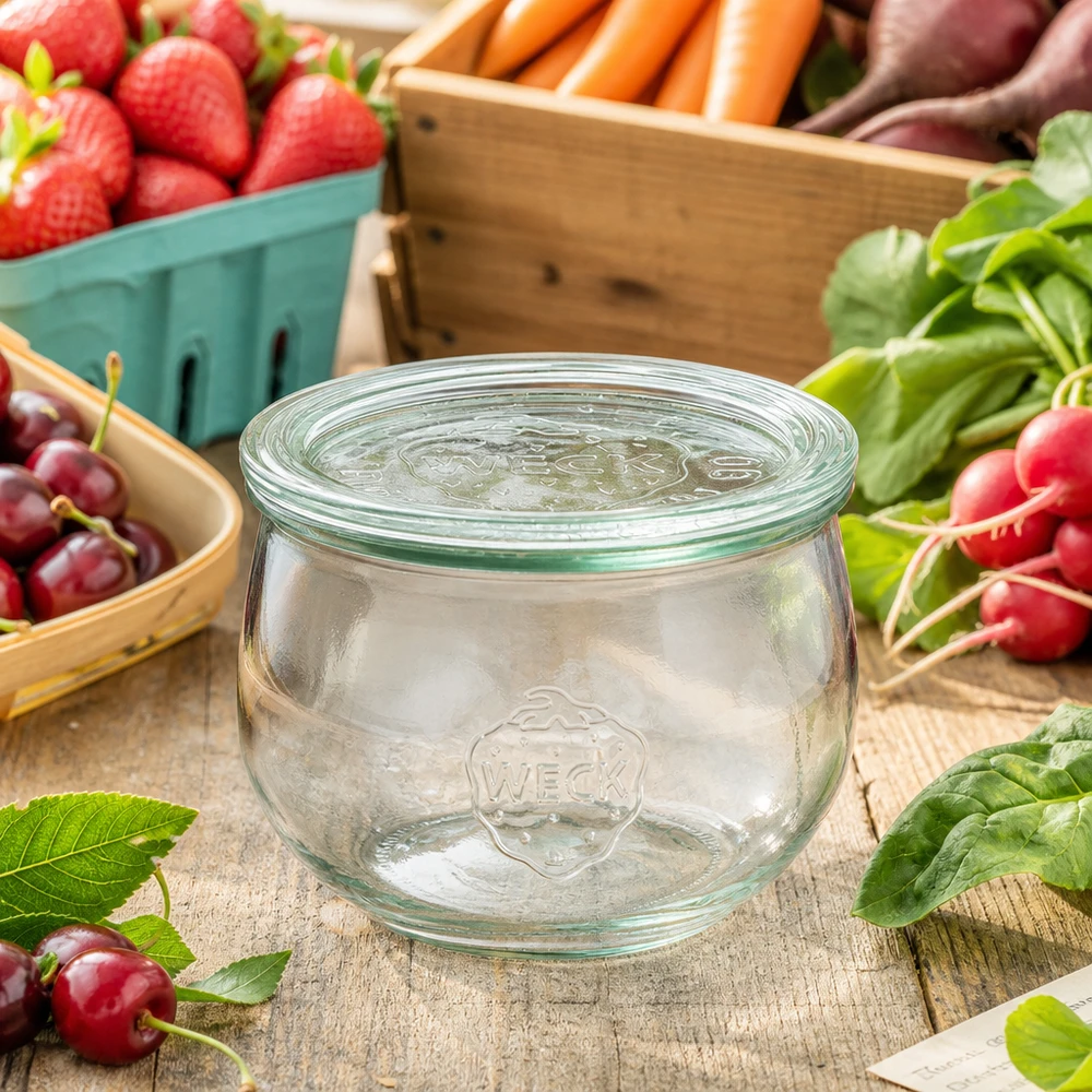 580ml tulpenglas met glazen deksel WECK RR100 WECK tulpenpot 580ml RR100 met glazen deksel, gerangschikt tussen vers fruit en groenten op een rustieke houten tafel