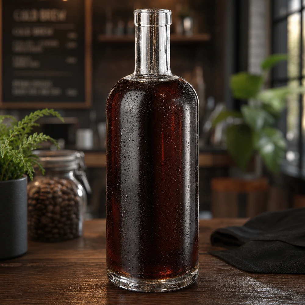 750 ml glazen Emma-fles gevuld met donkere whisky in een rustieke keuken met waterdruppels op het oppervlak