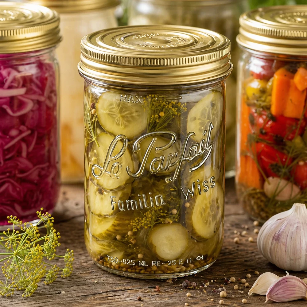 Le Parfait® Familia Wiss 1 kg Ø100 mm pot 1020ml Sturzglas Familia Wiss mit 2-teiligem Deckel für Einmachen von Gurken und Gemüse in rustikaler Küche