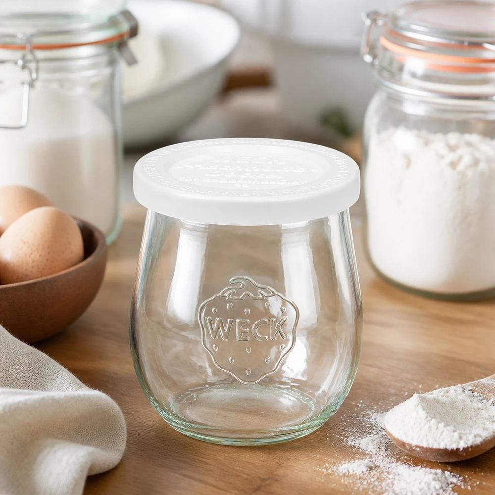 WECK tulp pot 220ml RR60 in bakkeuken met bloem en eieren - inmaak pot voor bakken en keuken opslag