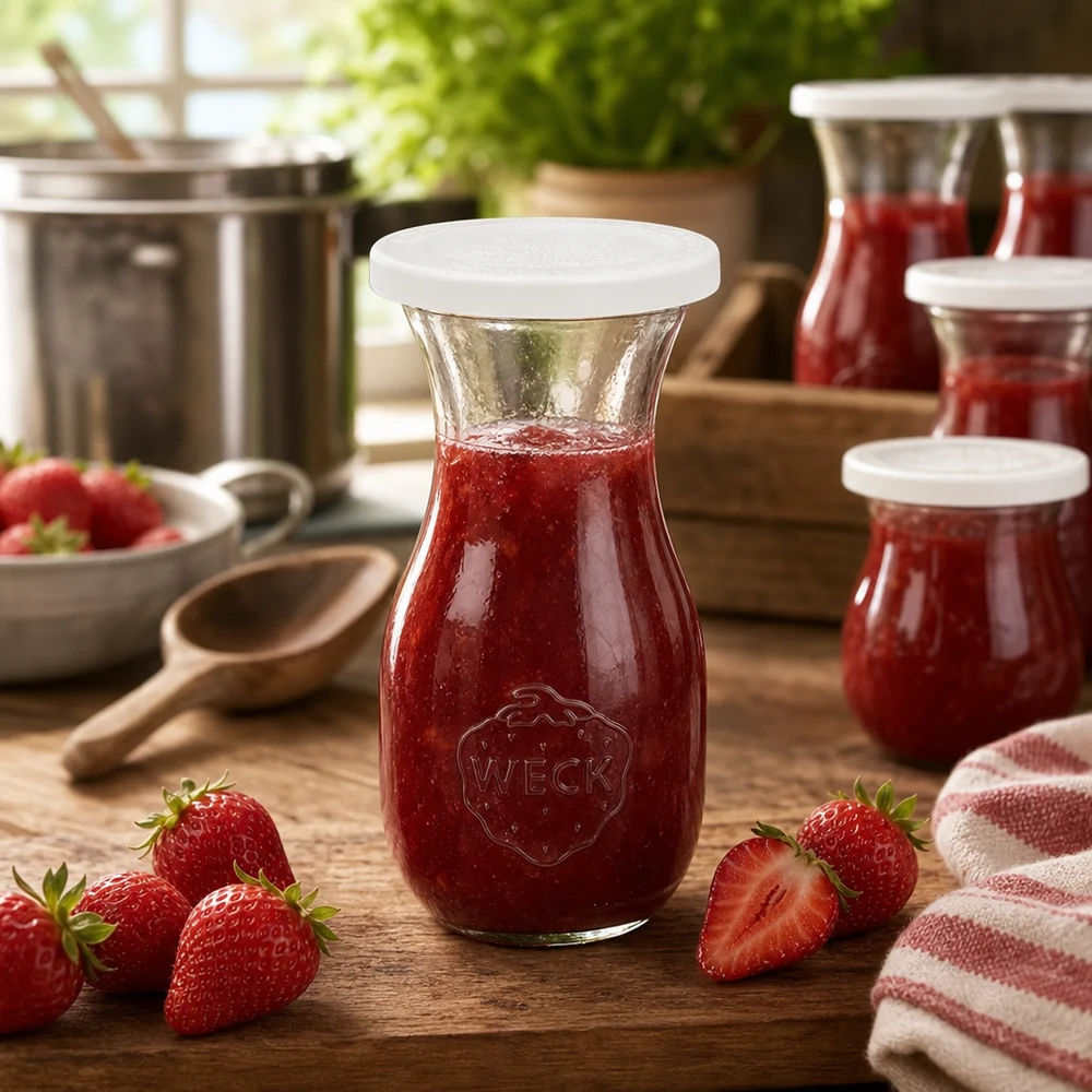 Sapfles van 290 ml met vershouddeksel WECK RR60 WECK 290ml sapfles gevuld met rode aardbeienjam omringd door verse aardbeien op een houten tafel