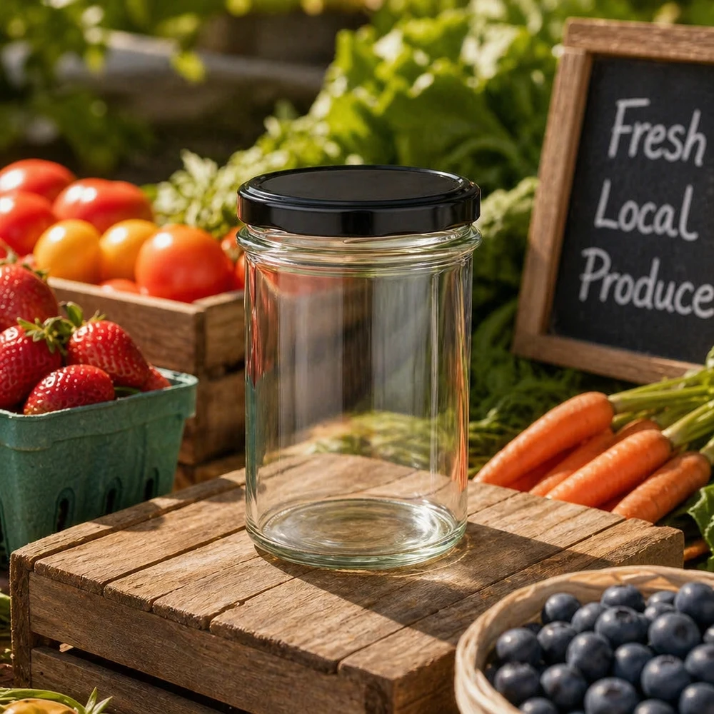 230ml bekers met BasicSeal deksel zwart UNiTWIST 230ml mason jar met zwart BasicSeal deksel tussen verse fruitgroenten op houten tafel Boerenmarktscène
