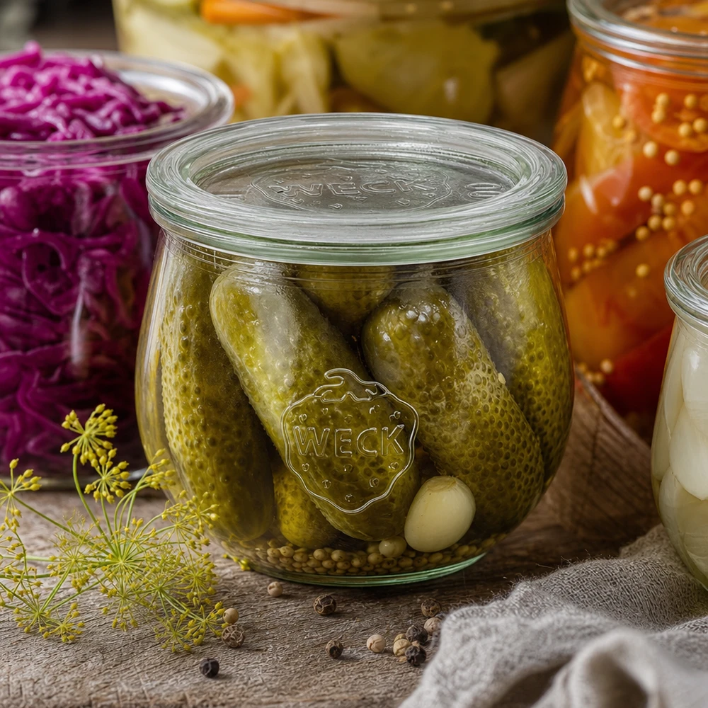 580ml tulpenglas met glazen deksel WECK RR100 WECK tulpenpot 580ml RR100 met ingemaakte augurken en kruiden tussen gefermenteerde groenten en kruiden