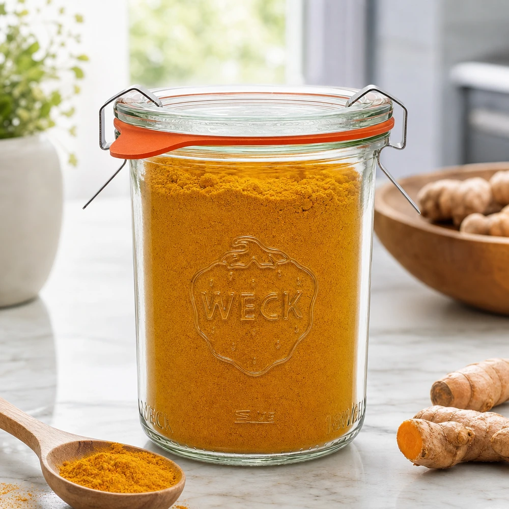 160ml stortglas compleet WECK RR60 WECK Sturzglas 160ml RR60 mit Kurkumapulver gefüllt neben Ingwerwurzeln zeigt perfekte Gewürzaufbewahrung