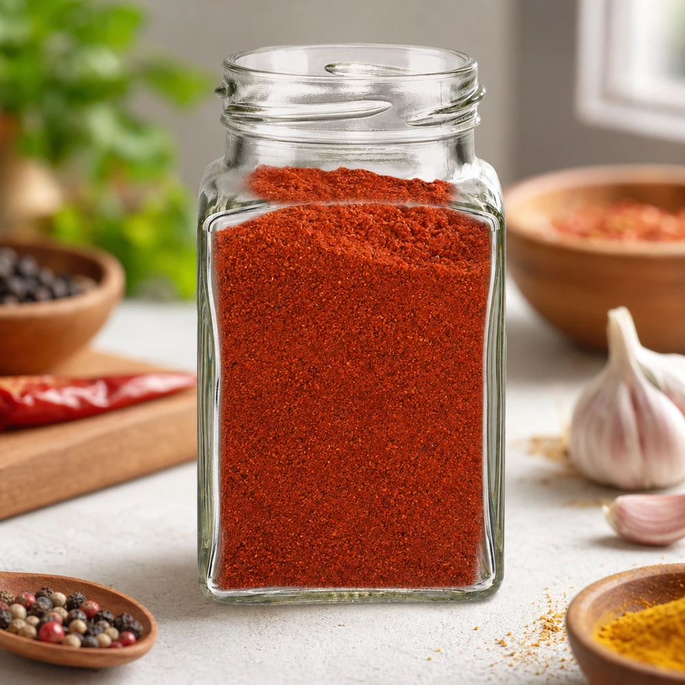 260ml tetraglas zonder deksel (TO58) UNiTWIST UNiTWIST Tetra260 4-hoekige pot 260ml gevuld met rode paprikapoeder in keuken met kruiden en knoflook