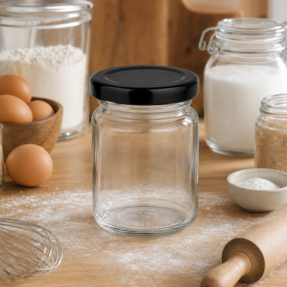 53ml rond glas met BasicSeal deksel zwart UNiTWIST 53ml Rundglas leer mit schwarzem Deckel in Backküche zwischen Mehl Eiern und Backzubehör vielseitige Küchenaufbewahrung