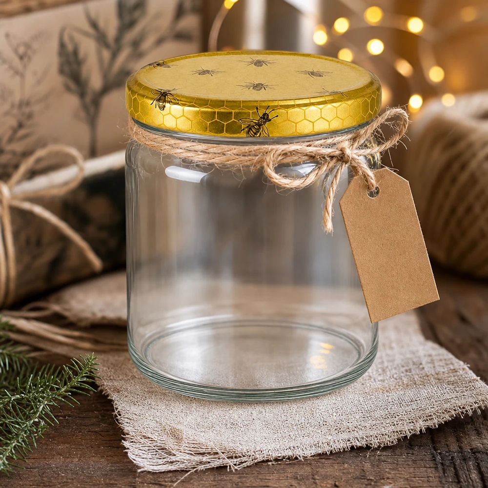 408ml ronde pot met BasicSeal honingraatdeksel leeg met cadeaulabel gedecoreerd op een rustieke houten tafel