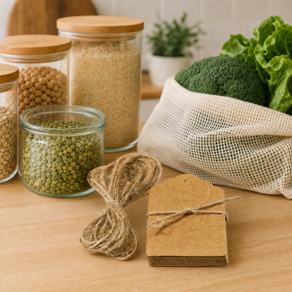 Hanger 30 x 50 mm met koord (pakket(ten) van 10 stuks) Etiketten van duurzaam kraftpapier met koord van natuurlijke vezels naast zero-waste producten en gaaszakken voor een plasticvrije keuken
