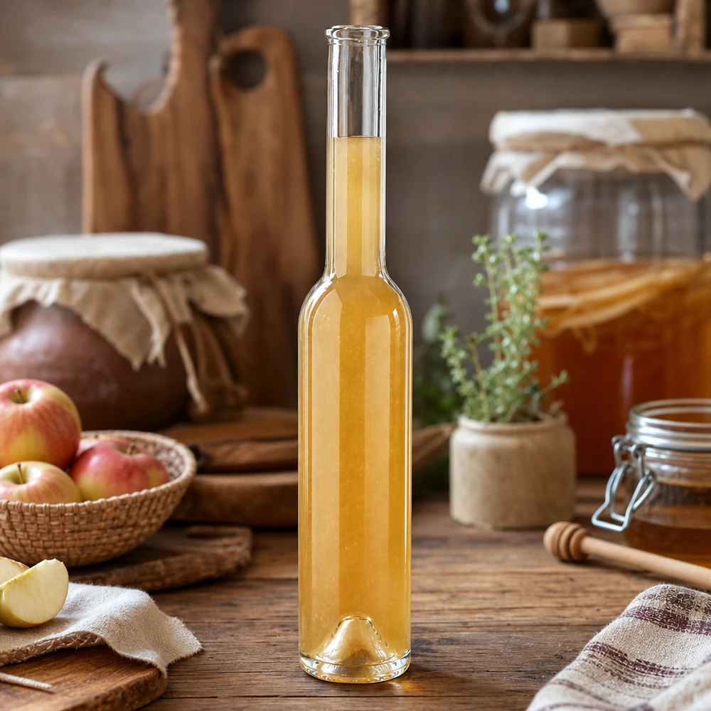 200 ml glazen fles Hugo zonder sluiting UNiTWIST® 200 ml glazen fles Hugo gevuld met appellikeur naast verse appels honing kruiden rustieke keuken houten sfeer