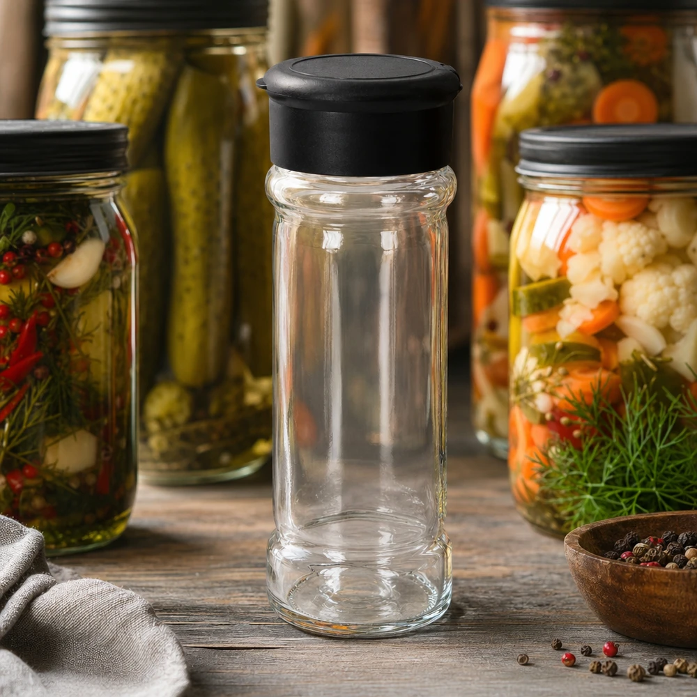 Zout-/kruidenpotje 100 ml met strooier, zwart Leeg strooiglas van 100 ml met een zwarte deksel, als rustieke keukendecoratie