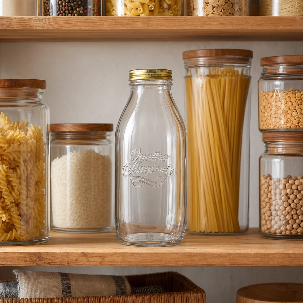 1000ml glazen fles "Quattro Stagioni" met deksel Quattro Stagioni 1000ml glazen fles in georganiseerde voorraadkast met voorraadpotten, pasta en peulvruchten