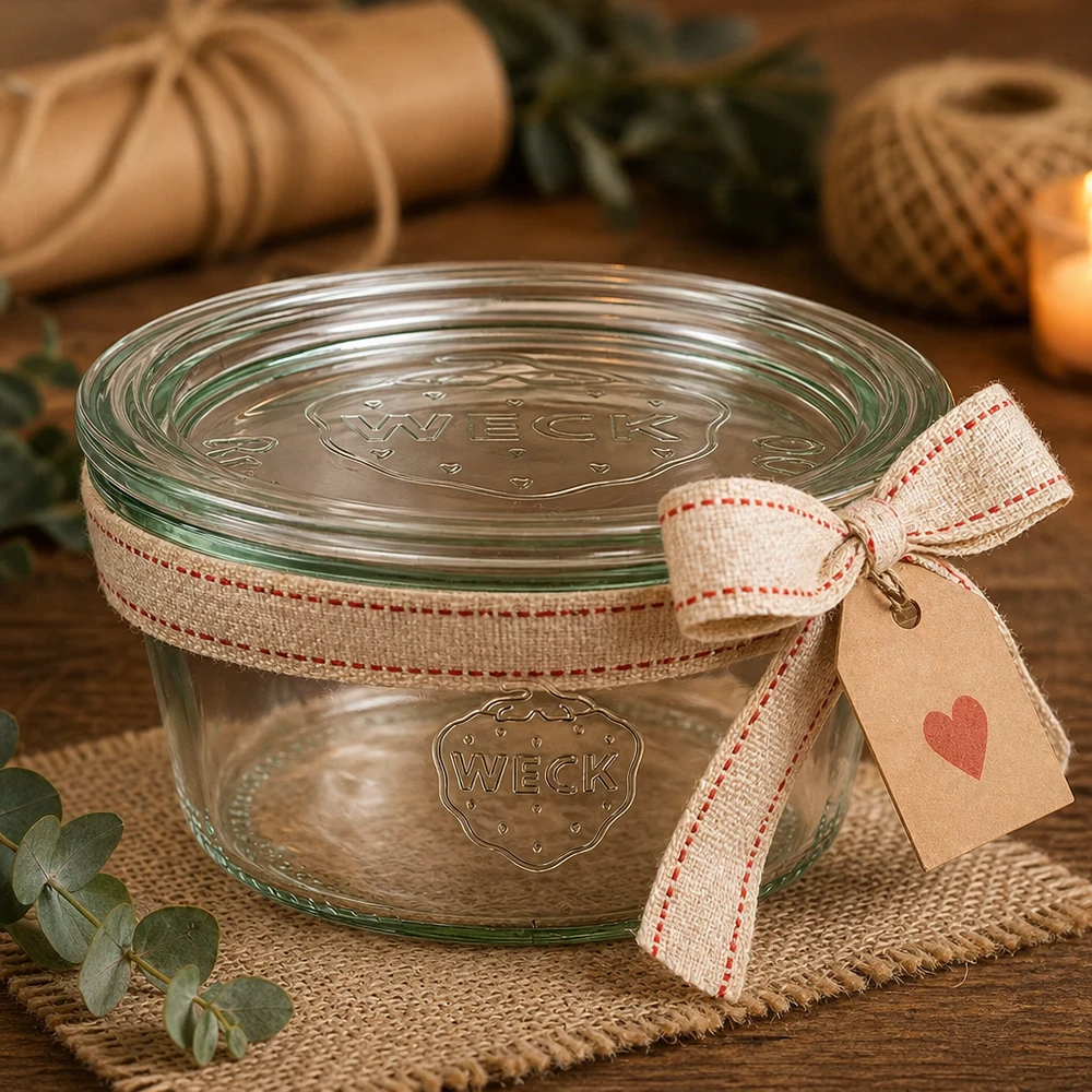 290 ml laag potje met glazen deksel WECK RR100 WECK beker 290ml RR100 als cadeau-idee met lint en hartenhanger in een rustieke sfeer