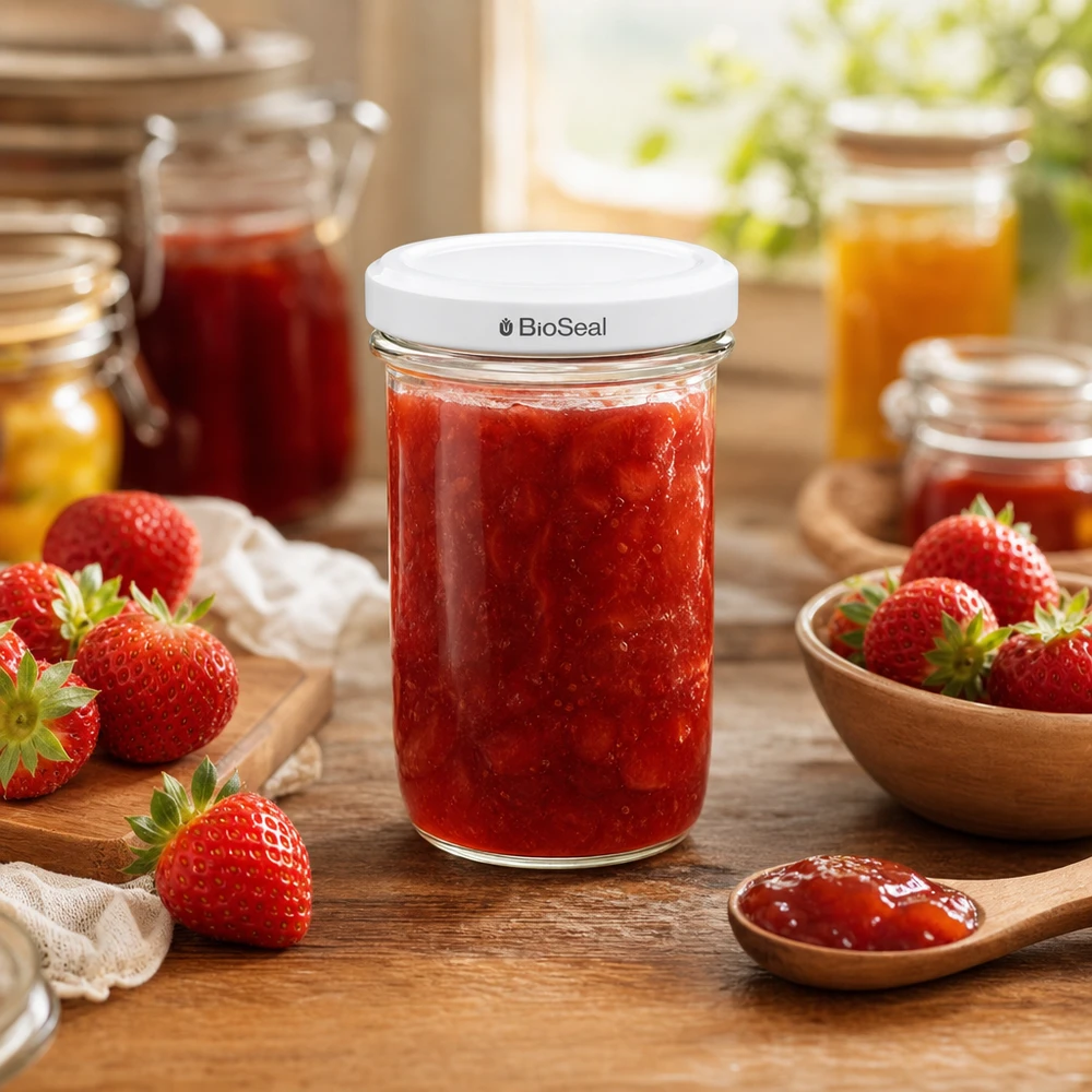 UNiTWIST Sturz230 pot gevuld met aardbeienjam wit TO66 BioSeal deksel Toepassingsvoorbeeld keuken