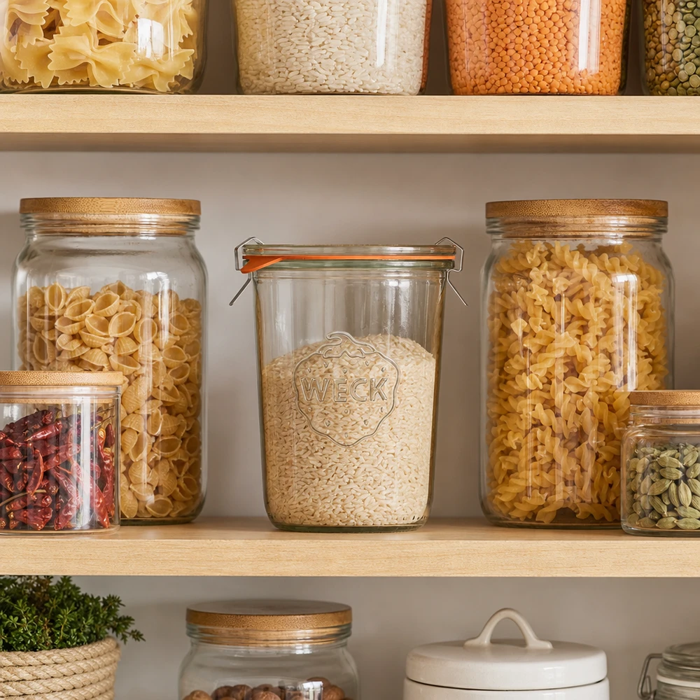 850ml stortglas compleet WECK RR100 WECK 850ml RR100 trommels voor het stijlvol bewaren van rijst en pasta in de moderne voorraadkeuken