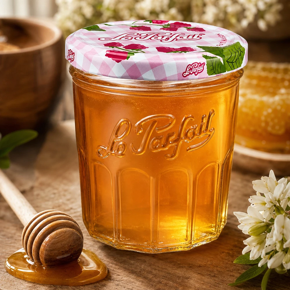 Le Parfait® Jam 324 ml Ø82 mm confituurpot 324ml Le Parfait pot gevuld met honing naast honinglepel en witte bloemen op houten tafel