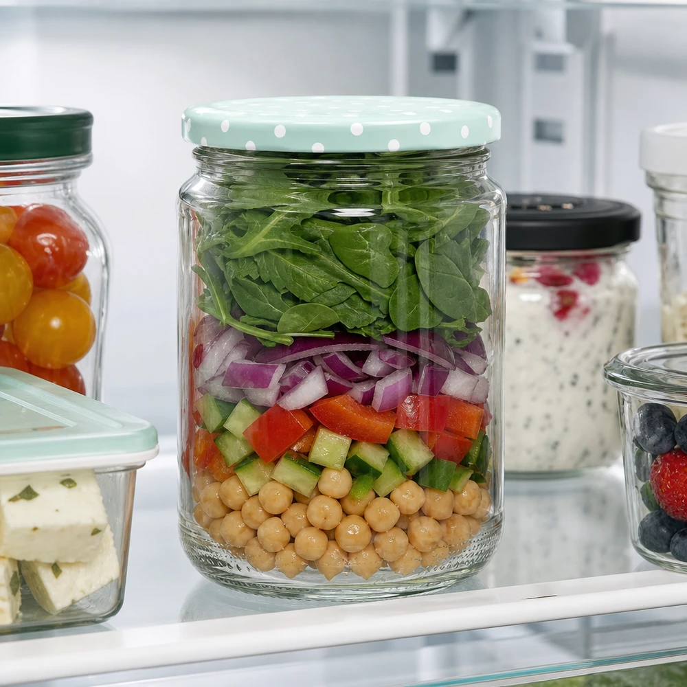 Ronde pot van 375 ml + deksel BasicSeal mint lichtpuntjes UNiTWIST 375ml Rundglas mit Schichtsalat gefüllt BasicSeal Deckel mint Punkte Meal Prep Vorratsglas Kühlschrank Salatglas