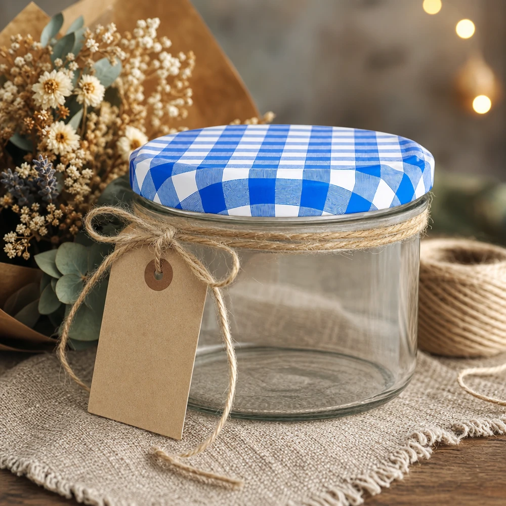 230 ml lege cilinderpot met BasicSeal deksel blauw en wit geblokt, decoratief gerangschikt met jute koord en hanger