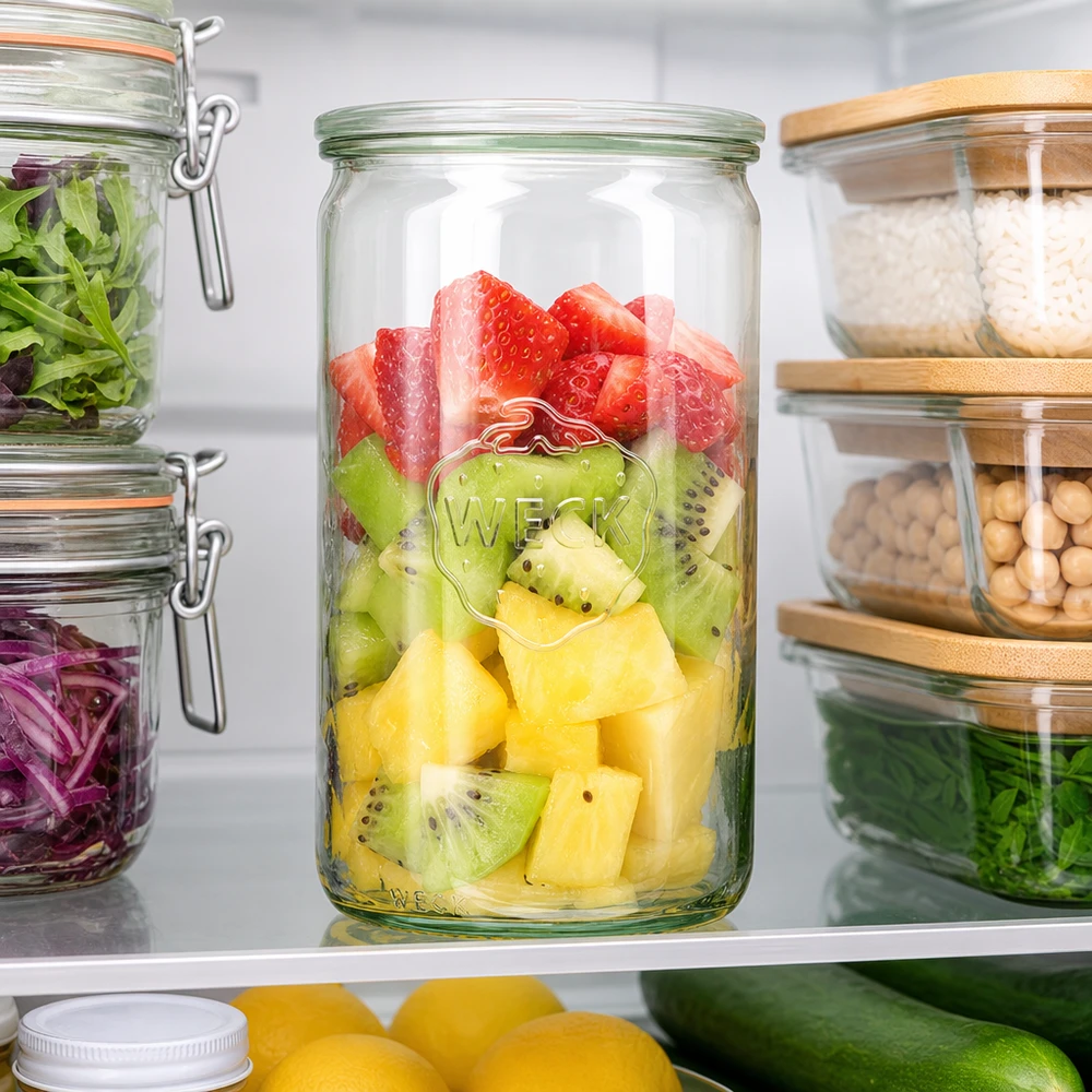 1590ml cilinderglas met glazen deksel WECK RR100 WECK cilinderpot 1590ml RR100 in de koelkast met verse fruitsalade aardbeien kiwi ananas tussen andere voorraadpotten