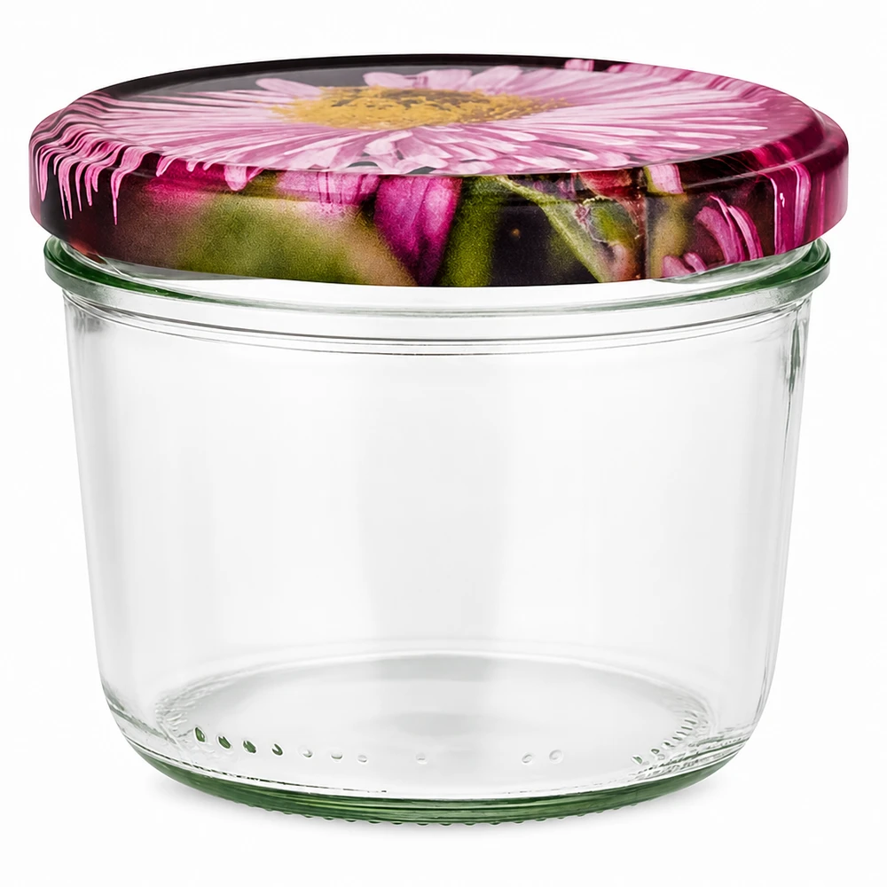 230ml bekers met BasicSeal deksel Bloemen decor UNiTWIST 230ml mason jar met BasicSeal deksel in bloemmotief, lege mason jar met roze bloemmotief op witte achtergrond