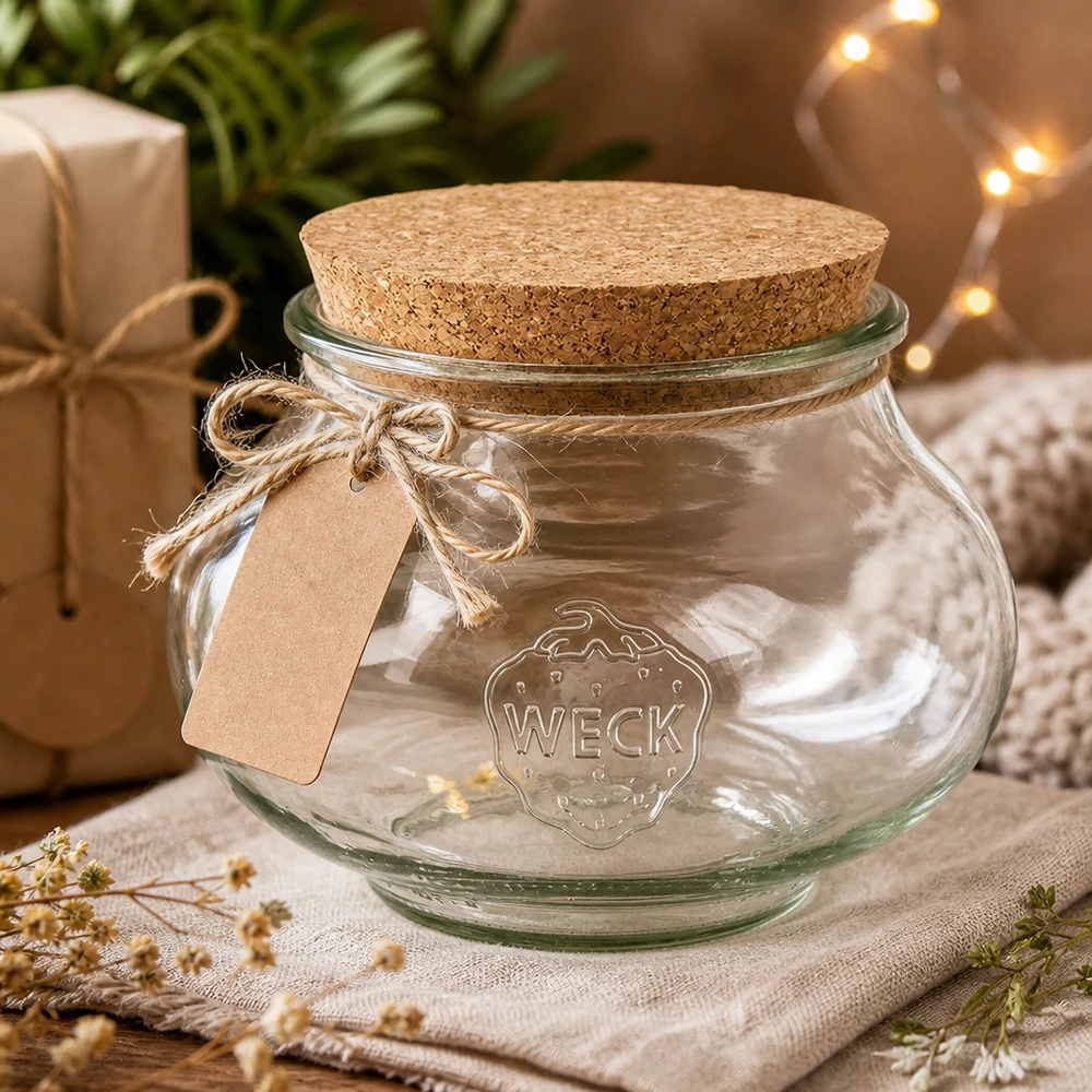WECK juwelenpot RR100 1062ml met kurken deksel decoratief gerangschikt rustieke geschenkverpakking sfeer