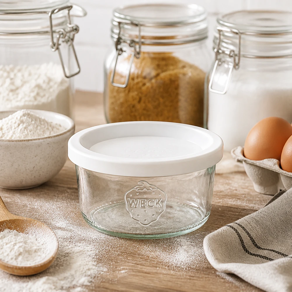 WECK 165ml bekers RR80 met wit deksel tussen bakingrediënten bloem en eieren op houten tafel in rustieke keuken