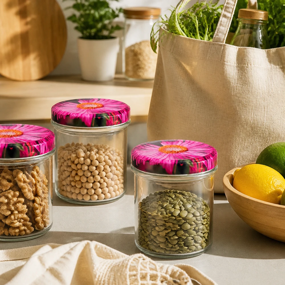 350ml bekers met BasicSeal deksel Bloemen decor UNiTWIST Drie bekers van 350 ml met roze gerbera BasicSeal deksels gevuld met walnoten kikkererwten linzen in zero-waste keuken