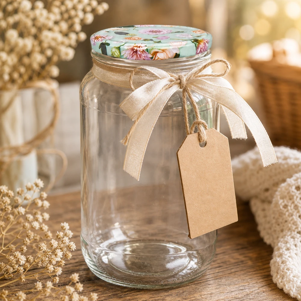 Ronde pot 1062 ml + deksel BasicSeal mintbloem UNiTWIST Decoratieve 1062ml ronde pot met bloem deksel mint strik en tag als een cadeau idee inmaakpot