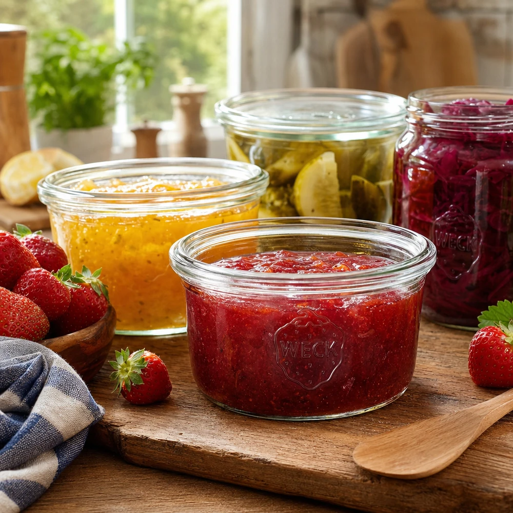 WECK RR80-pot van 165 ml WECK 165 ml RR80 pot met aardbeienjam op een houten plank naast andere inmaakpotten met jam en verse aardbeien.