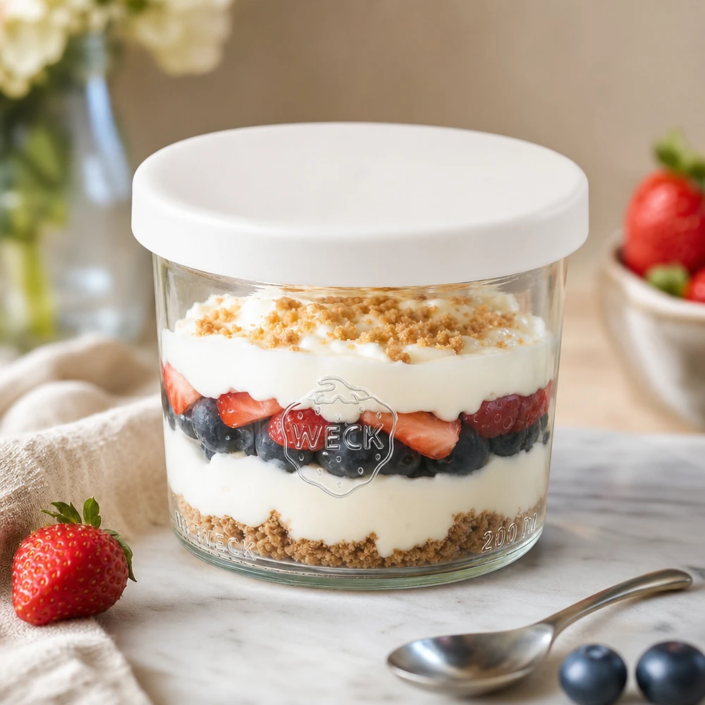 WECK bekers 200ml RR80 met gelaagd dessert bessen yoghurt wit siliconen deksel dessertpot voor zoete desserts