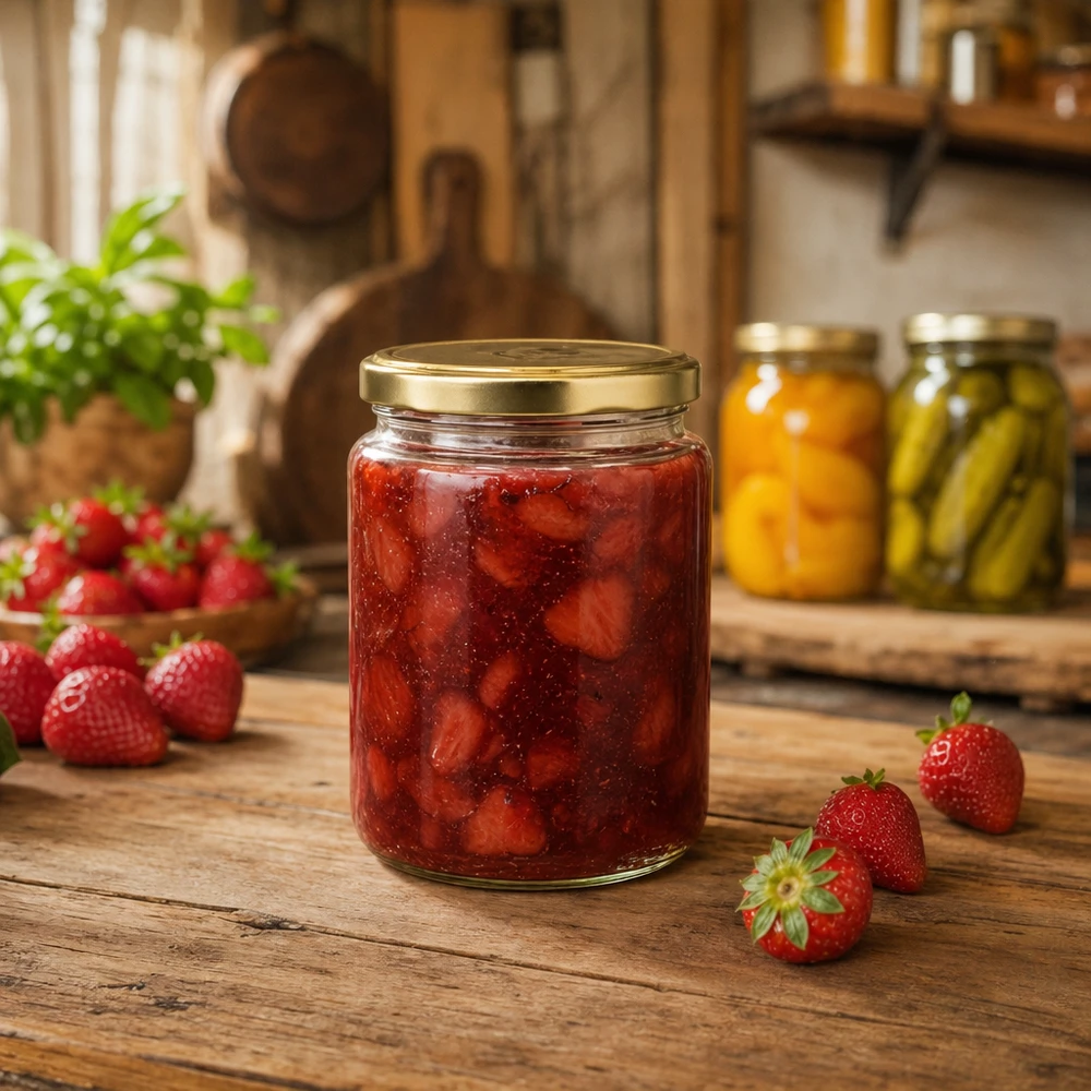 Honingpot 450 g met gouden deksel BasicSeal UNiTWIST 450g honingpot met gouden deksel gevuld met aardbeienjam in rustieke keuken BasicSeal pot voor fruitspreads