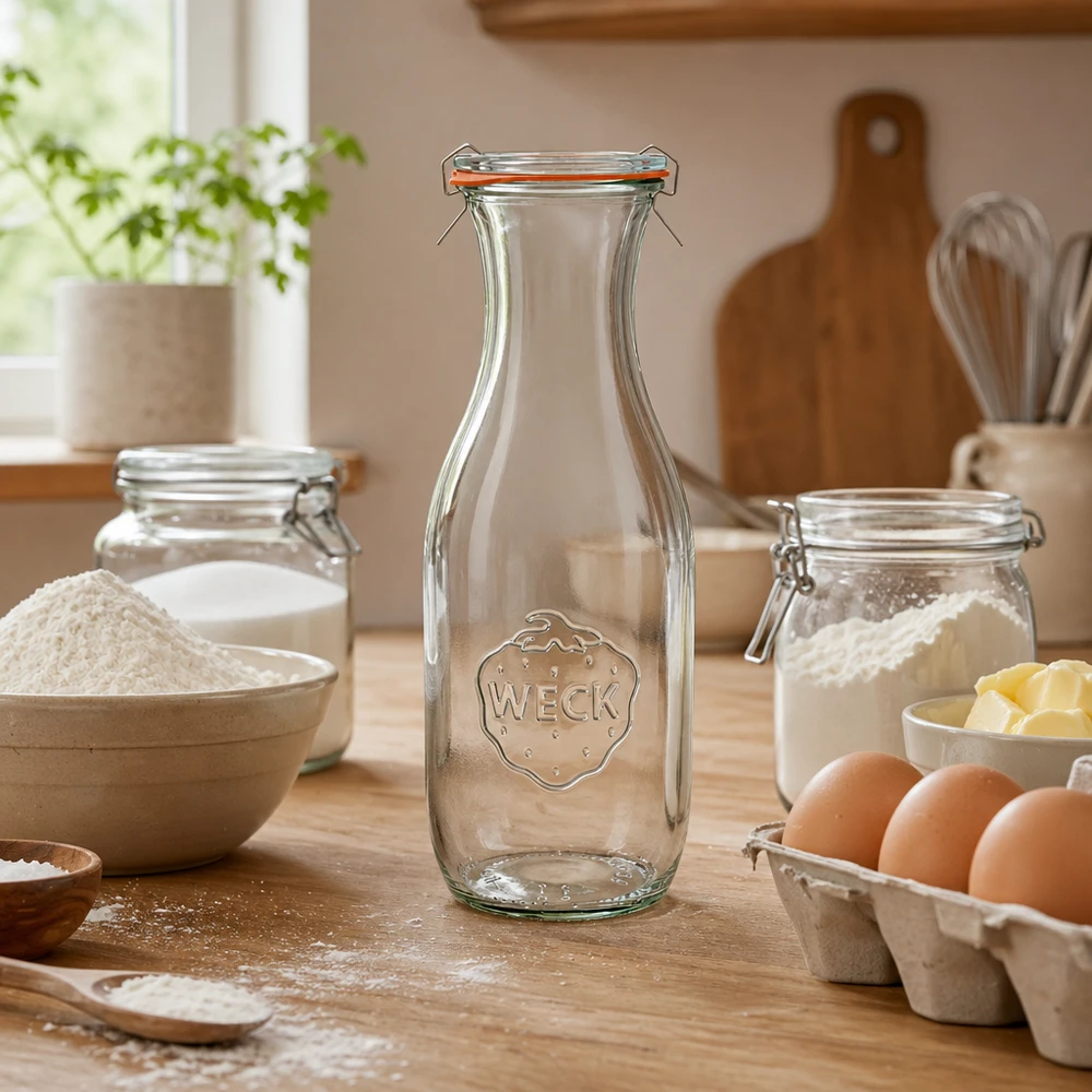 1062 ml sapfles, compleet WECK RR60 WECK sapfles 1062ml RR60 leeg in rustieke keuken met bakingrediënten bloem eieren en keukengerei