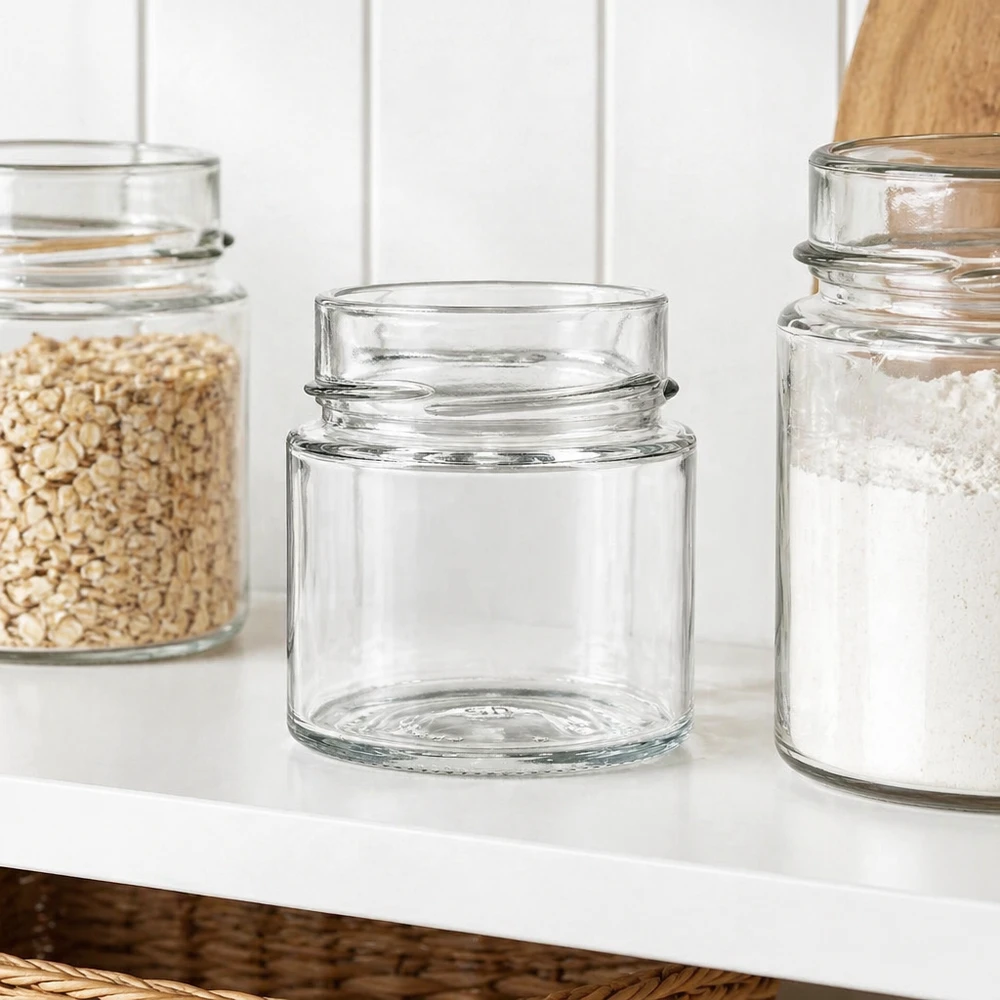 135ml rond glas zonder deksel (TO58deep) UNiTWIST UNiTWIST Runda135 ronde glazen pot 135ml TO58deep lege glazen pot voor keukenopslag naast gevulde voorraadpotten