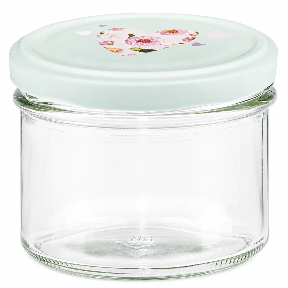 225 ml beker met BasicSeal deksel in mint met hartjespatroon gemaakt van helder glas voor jam en conserven