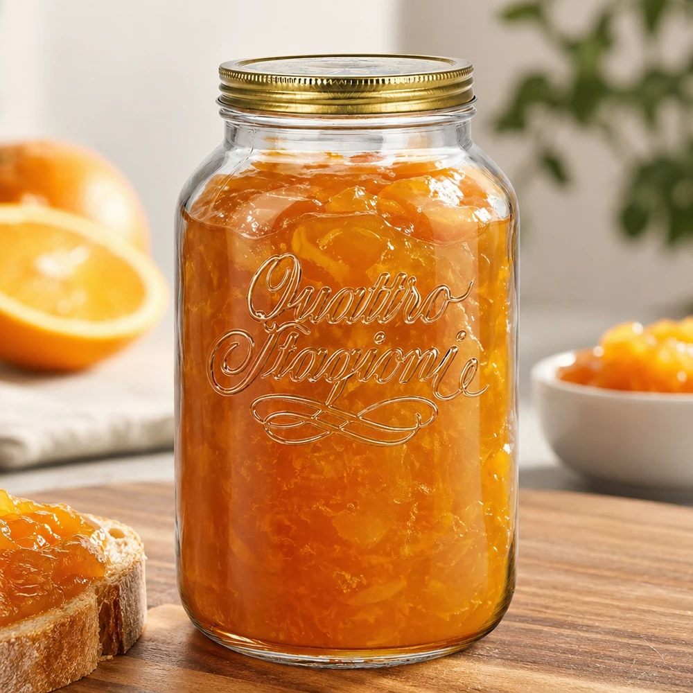 Quattro Stagioni 3800ml inmaakpot gevuld met sinaasappelmarmelade op een houten plank met verse sinaasappels en brood