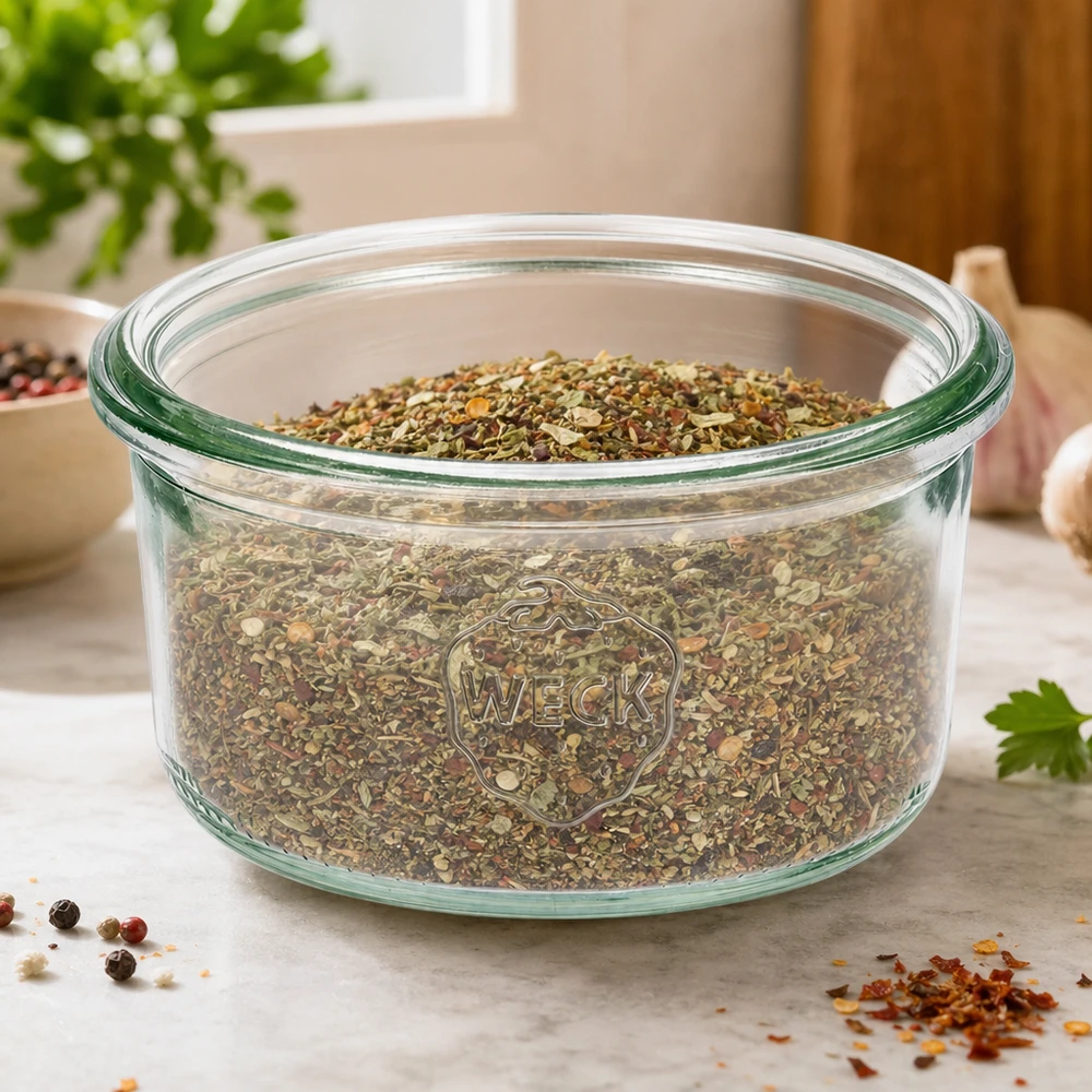WECK RR80-pot van 165 ml WECK 165ml RR80 mason jar gevuld met kruiden op een aanrecht met kruiden en planten op de achtergrond