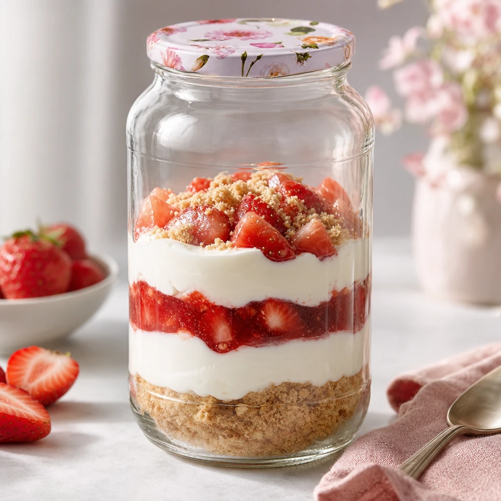 Ronde pot 1062 ml + deksel BasicSeal roze bloem UNiTWIST Gelaagd dessert in een ronde pot van 1062 ml met roze bloemdeksel Aardbeien Crème Biscuitbodem BasicSeal-dop Dessert
