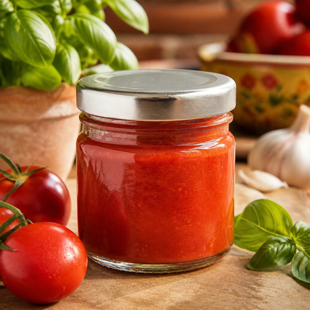 Gevulde UNiTWIST ronde glazen pot van 33 ml met rode tomatensaus en een zilveren twist-off-deksel