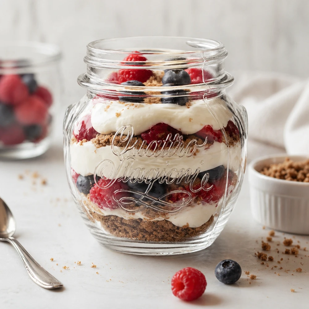 300 ml Quattro Stagioni huishoudglas gevuld met een gelaagd dessert van bessen, room en koekkruimels