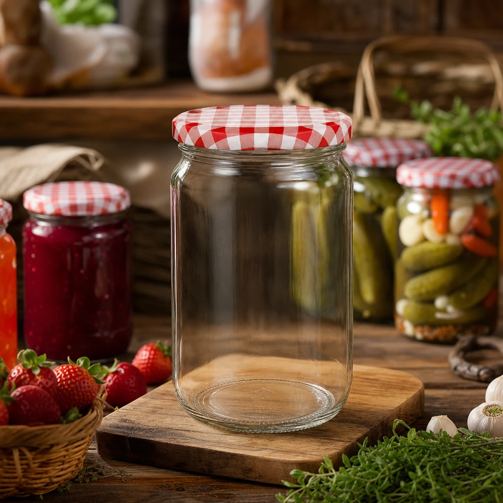 795ml rond glas met BasicSeal deksel rood/wit UNiTWIST 795 ml ronde pot met rood en wit deksel op een houten plank in een rustieke keuken, omringd door inmaakpotten en ingrediënten