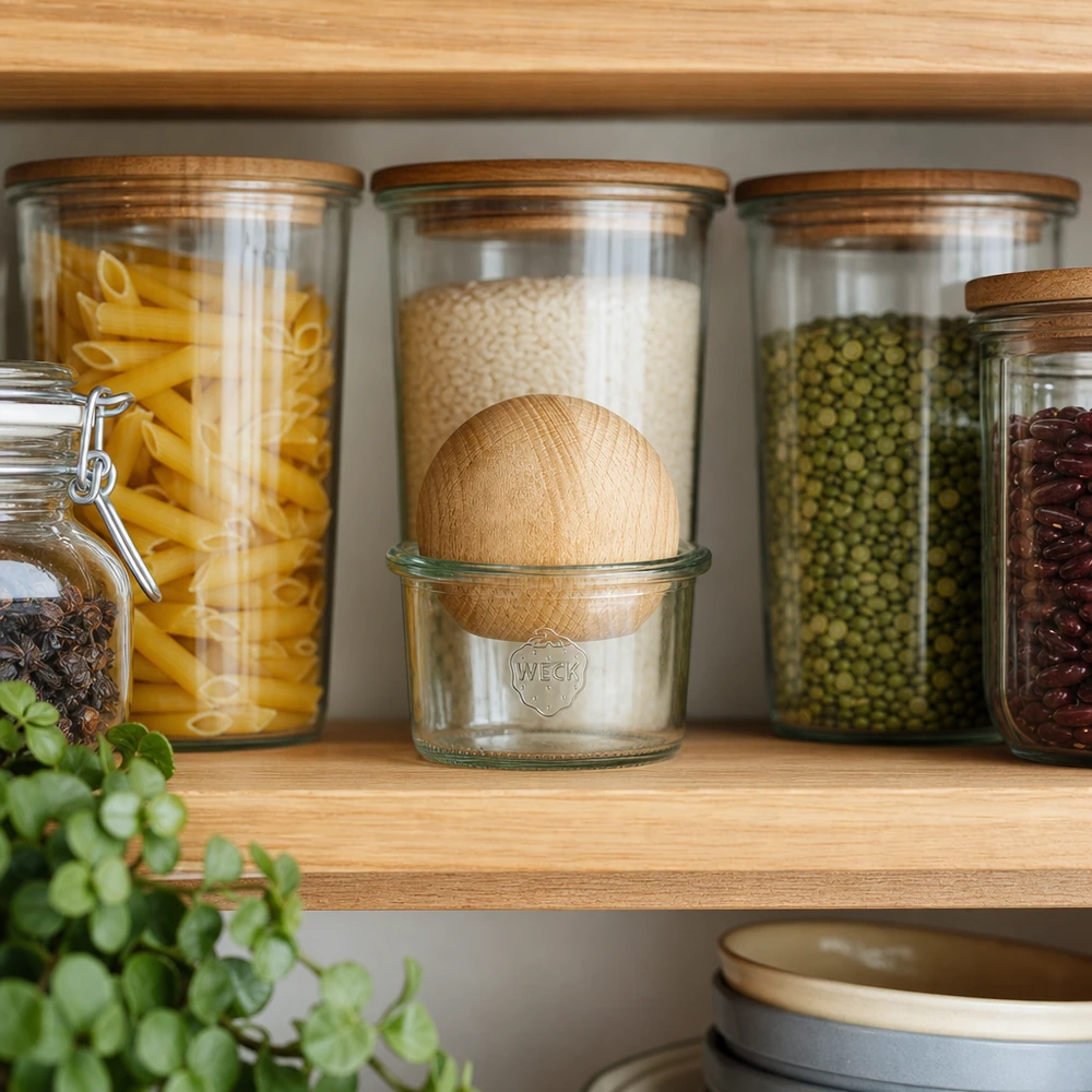 200ml stortglas WECK RR80 met houten bal WECK tuimelschalen 200ml RR80 met houten bal op het opbergschap tussen pasta en peulvruchten, stijlvolle keukenorganisatie