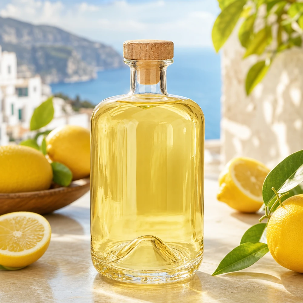 700ml Sofia glazen fles met houten kurk gevuld met gele citroenlikeur in een mediterrane kustsetting met citroenen