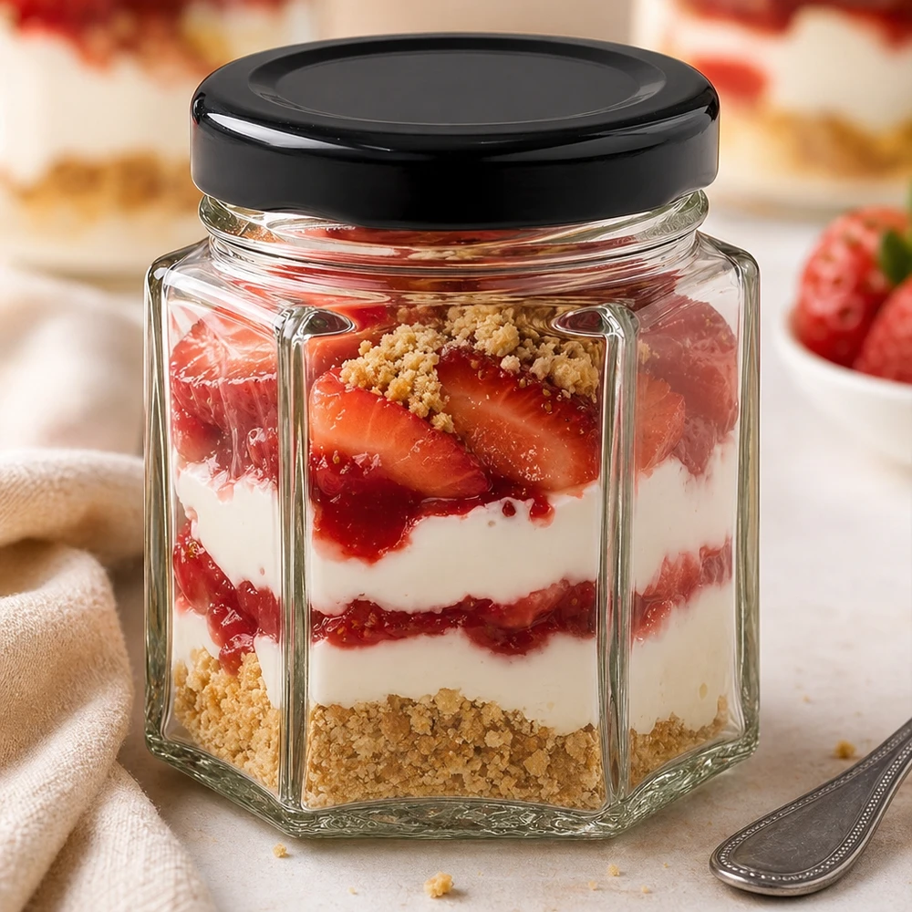47ml hexaglas met BasicSeal deksel zwart UNiTWIST 47 ml hexaglas met zwart deksel als dessertglas met een gelaagd dessert van aardbeien, room en koekkruimels