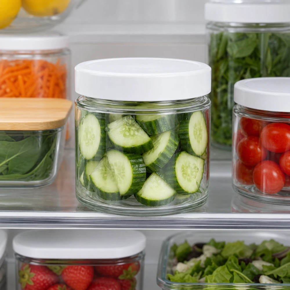 135ml rond glas met BasicSeal deksel wit deep UNiTWIST 135ml ronde pot BasicSeal deksel wit Koelkast Meal Prep gesneden komkommer Groente bewaren Vers houden