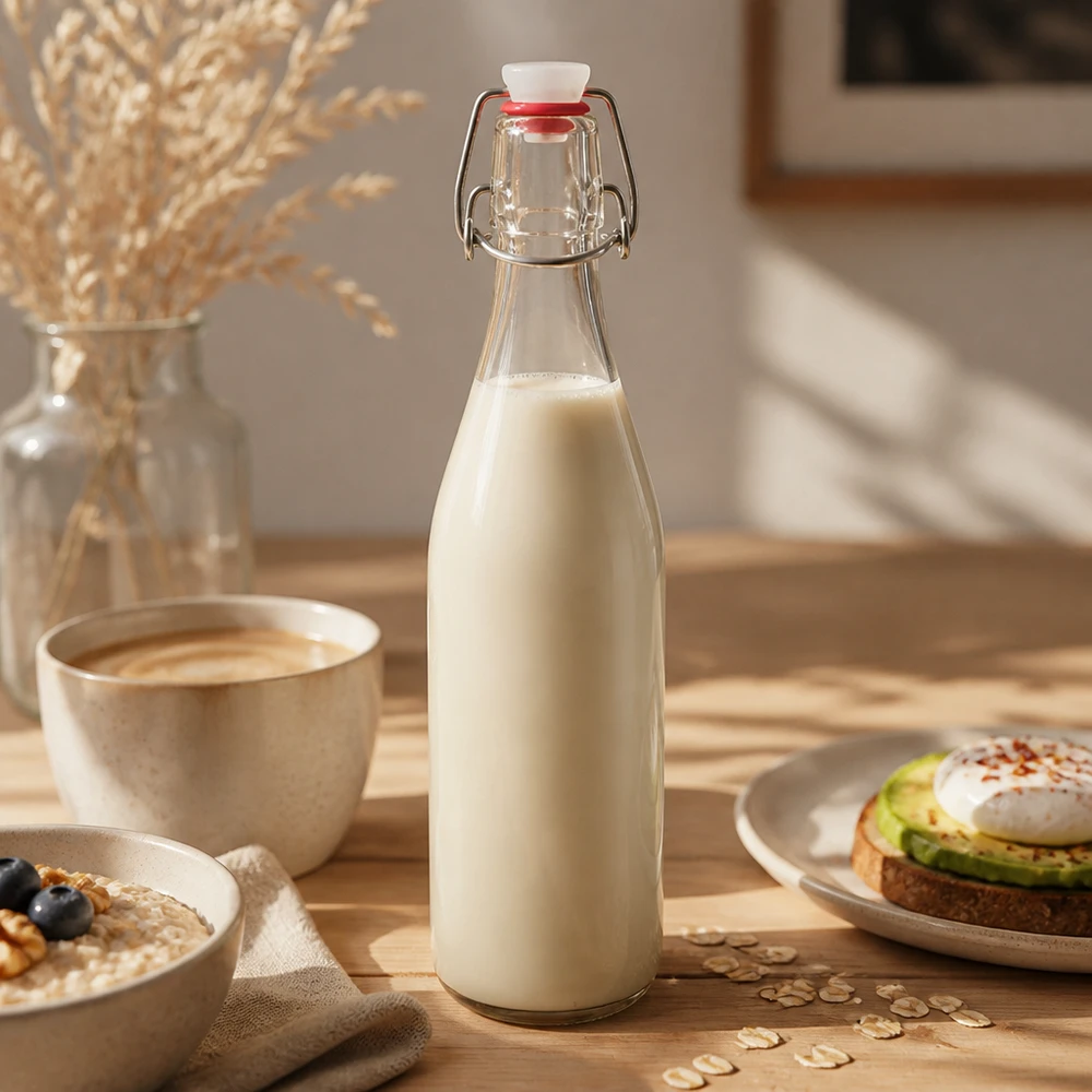 500ml glazen fles + draaidop PVC UNiTWIST 500ml glazen fles met draaidop gevuld met havermelk warme ontbijtsfeer plantaardige melkvervanger